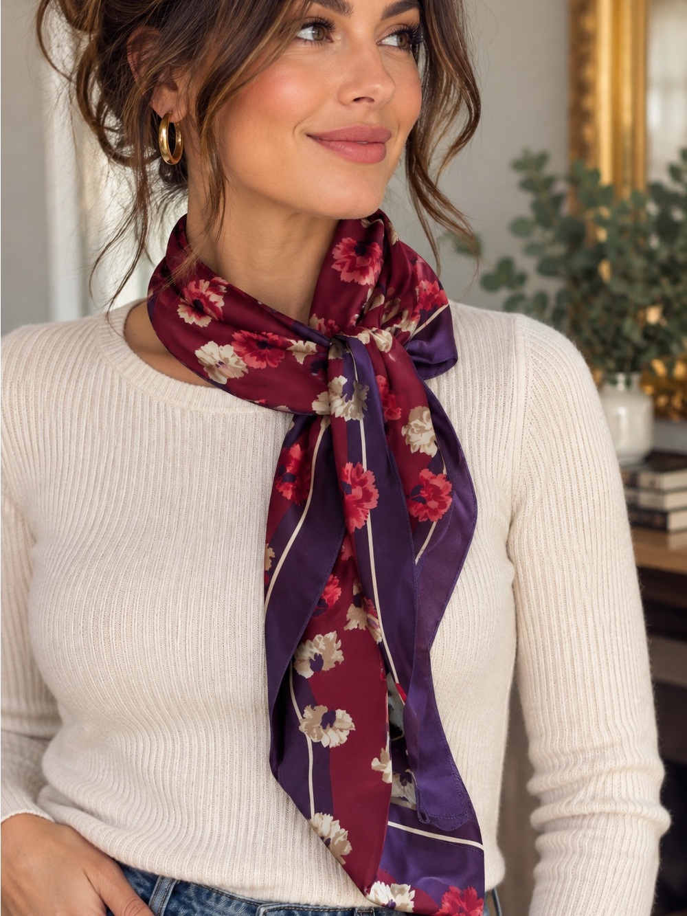 Ann Taylor Factory Floral Scarf Purple Red Cream Flowers